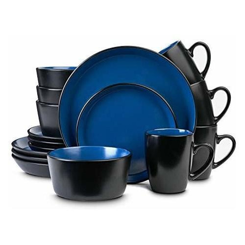 Platos Con Cuencos Y Tazas De Ceramica Azul Con Negro 16 Pz