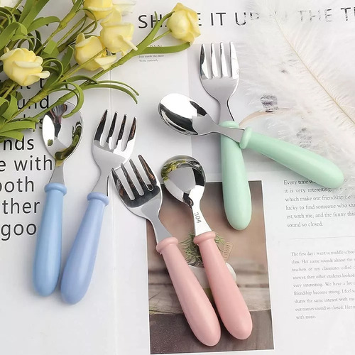 6 Pcs Acero Inoxidable Bebés Kit Cubiertos Cuchara Tenedor Multicolor