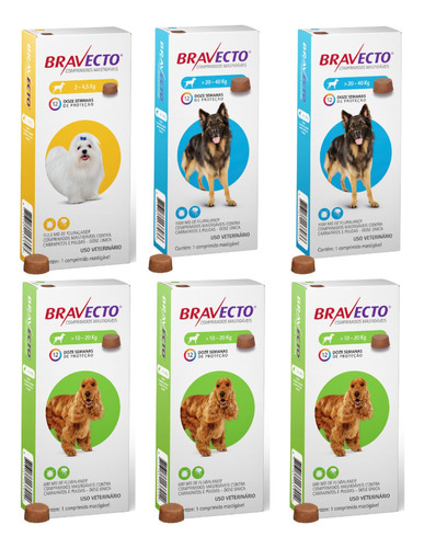 Bravecto: 01 - 2 A 4,5kg + 03 - 10 A 20kg + 02 - 20 A 40kg