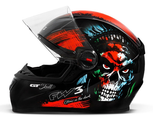 Capacete Fechado Moto Gt Skull Preto Brilhante Brilha Escuro