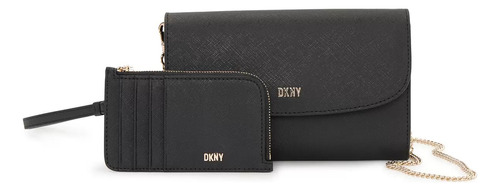 Cartera Y Monedero Dama Dkny Con Cadena Y Espejo 676251 Color Negro Diseño De La Tela Liso