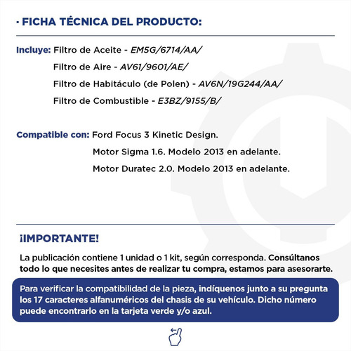Kit 4 Filtros Completo Ford Focus 1.6 - 2.0 Original