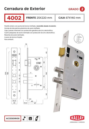 Imagen 2 de 2 de Cerradura Kallay 4002 Doble Paleta Herrero Seguridad Casa
