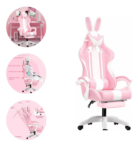 Cadeira De Pc Com Orelhinha De Coelho Resistente Gamer Rosa 