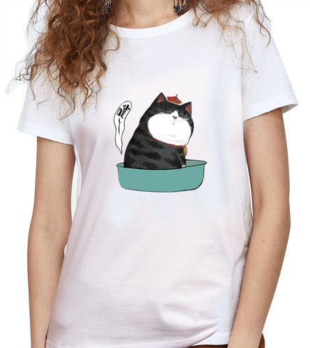 Camiseta Dama Estampada gato Baño Sentado