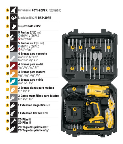 Juego De 42 Herramientas + Kit Rotomartillo 1/2 , 20v, 32