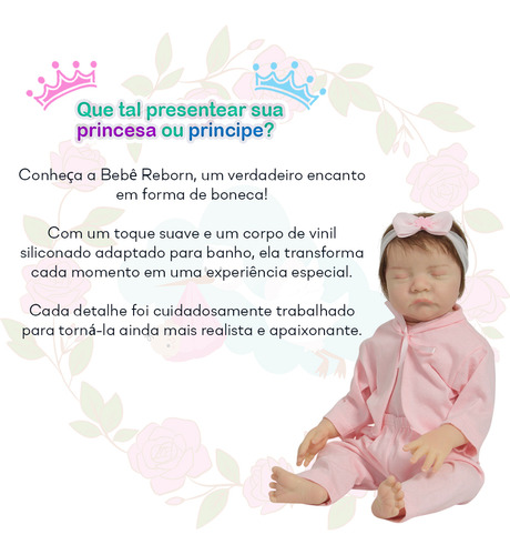 Boneca Reborn 100% Vinil Fio A Fio Pijama Rosa Kit Itens