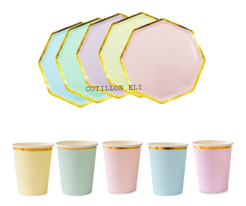 Set Platos Vasos Pastel Rosa Celeste Verde Lila Descartables