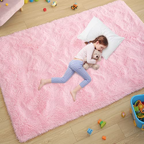 Ultra Soft Pink Rugs For Bedroom 4x6 Feet, Fluffy Shag ...