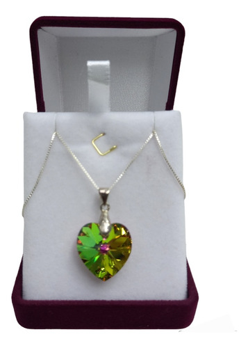 Cadena De Plata Corazón Lujo Swarovski Verde Tornasol 