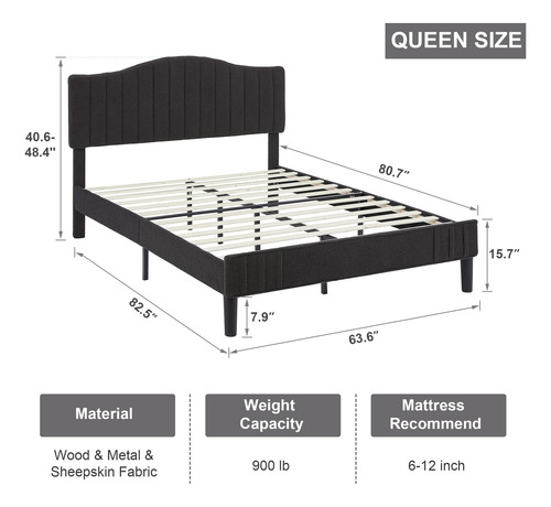 Base De Cama Queen Con Cabecera De Tela Ajustable Gris Oscur