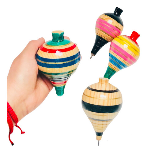 6 Trompos Artesanales De Madera Con Cuerda Incluida