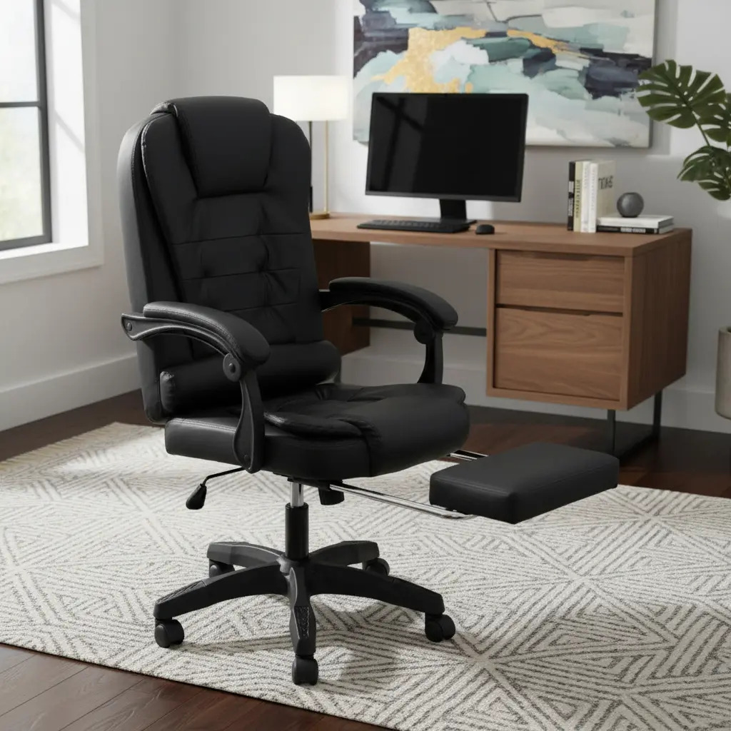 Silla Escritorio Oficina Ejecutiva Ergonómica Con Reposapies Color Negro Líneas Material Del Tapizado Cuero Sintético