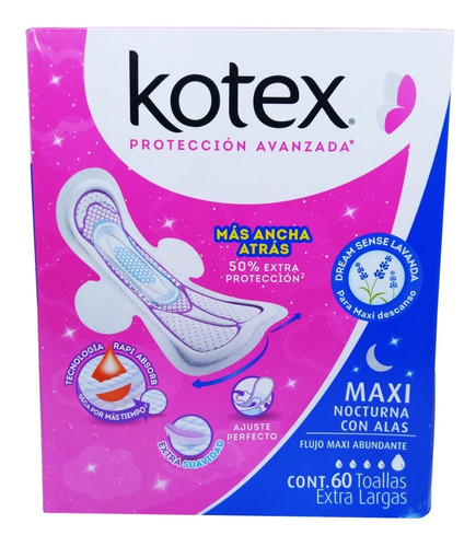 Toallas Femeninas Kotex Maxi Nocturna Con Alas 60 Piezas