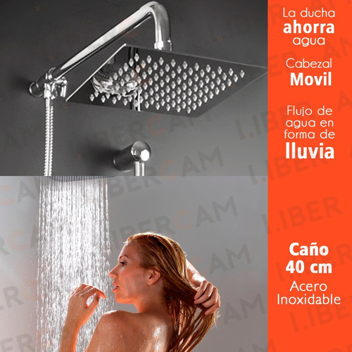 Imagen 8 de 10 de Flor Ducha Cuadrada 20x20 Acero Inoxidable + Brazo Caño 40cm