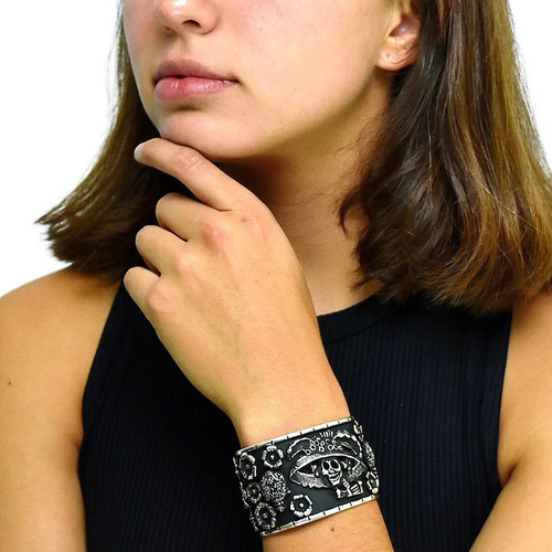 Brazalete De Plata 925 Oxidado De Catrina Con Flores Color Plateado Diámetro 6 Cm