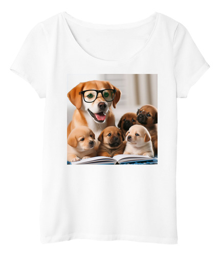 Remera Mujer Perro Con Anteojos Y Perritos Leyendo