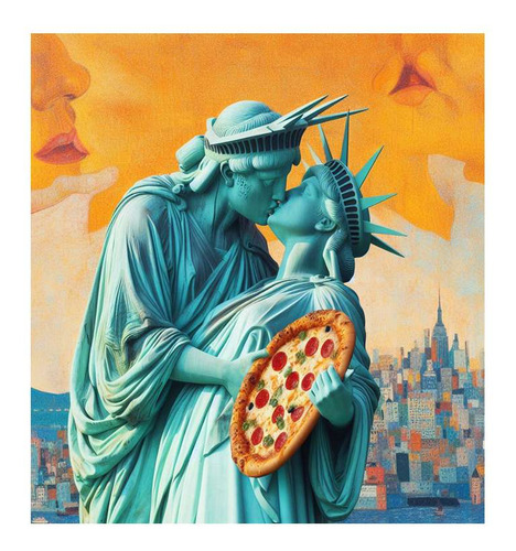Vinilo 20x20cm Estatua Libertad Enamorada Pizza Arte