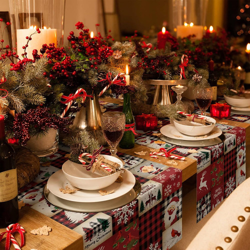 Table Runner Gnomes Snowman, Camino De Mesa De Lino Rojo, S