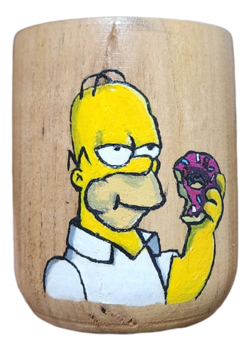 Mates Pintados A Mano - Algarrobo + Bombilla @fridetica Amarillo Homero Y Su Rosquilla - Los Simpsons