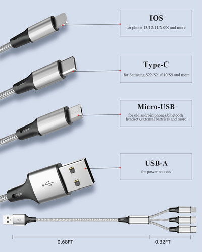 Cable De Carga Multiple (paquete De 3 Unidades, 1 Pie), C...