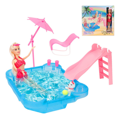 Mokidoll Muneca De Pelo Rubio Glam Piscina Y Tobogan, Juego 