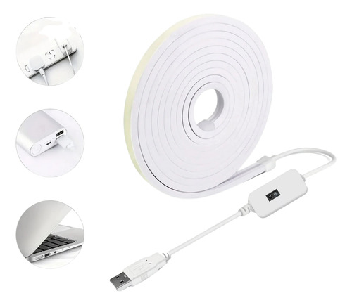 Cinta Led Neon Flex 5 Metros Usb Con Adhesivo Luz Regulable Luz Blanco Frío