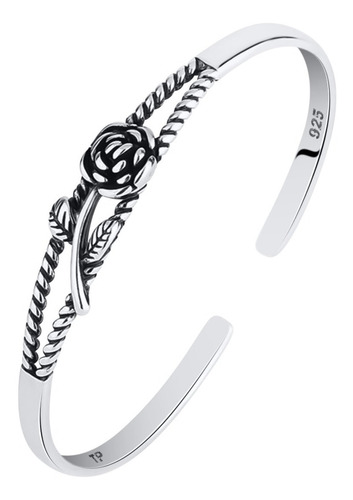 Pulseira Bracelete Floral Rígido Maciço Prata 925 - Feminino