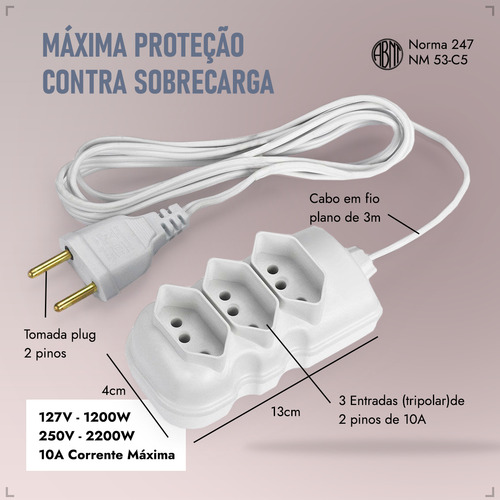 Extensão Elétrica 3 Metros Fio Grosso 3 Tomada 3 Pino Cor Branco