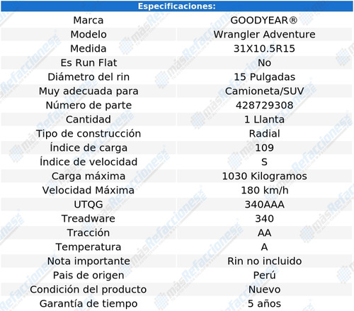 Llanta 31x10.50r15 Goodyear Wrangler Adventure 109s