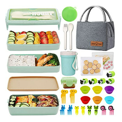 Kit De Almuerzo Japonés Bento Box, 3 Capas Con Accesorios