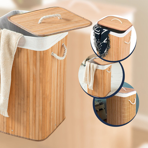 Cesto Roupa Suja Retangular Bambu Lavanderia 70l Cor