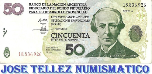 Ec# 208 Bono Argentina $ 50 Pesos Lecop  Mb+ Palermo
