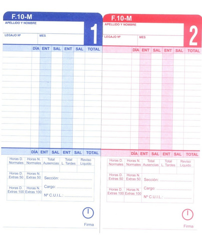 Tarjetas De Reloj Control De Personal. Pack X 100 Unidades