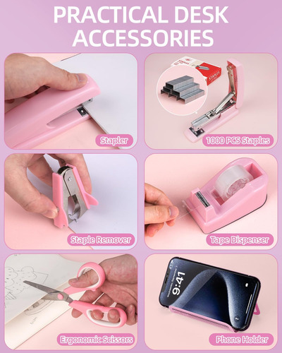 Organizador De Escritorio Rosa Y Kit De Accesorios, Suminist