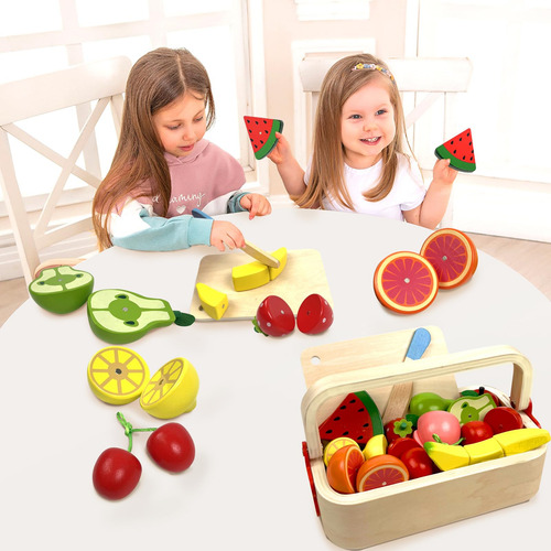 Juego Cocina Niños Madera, Frutas Corte Simulación, Cesta Al