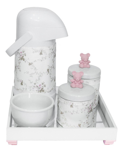Kit Higiene Espelho Pote Porcelana Térmica Ursinho Rosa Bebê