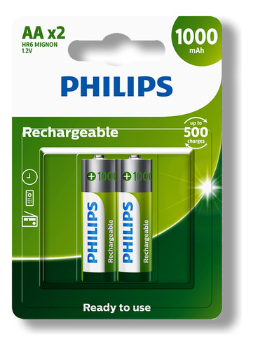 02 Pilhas AA Pequena Recarregáveis 1000mah Philips 1 Cartela