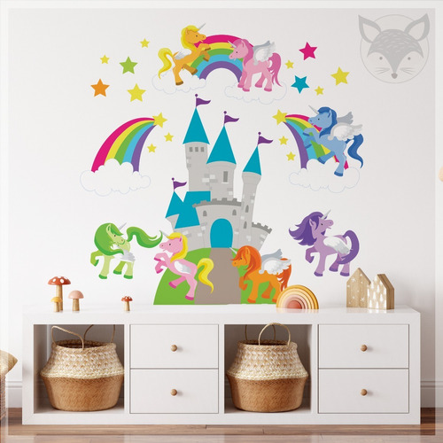 Vinilos Pared Infantil Unicornio Arcoiris Estrellas Castillo