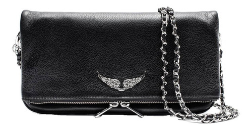 Cartera clutch Zadig y Voltaire Rock diseño liso de cuero bovino  noir con correa de hombro plateado/negra