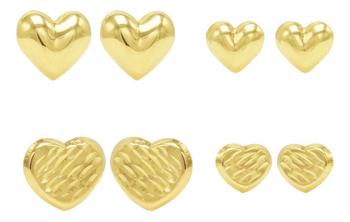 Paquete De 4 Pares De Broqueles Corazón En Oro Sólido 10k 