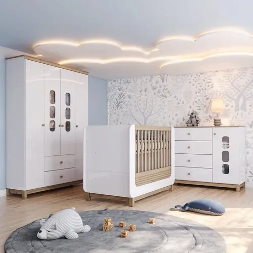Conjunto Quarto De Bebê Completo Berço 2 Em 1, Branco E Jequitiba