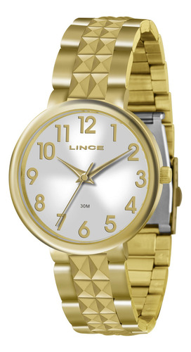 Relogio Lince Feminino Dourado Social Lrg4275l Com Números Fundo Prateado