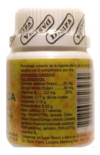 Centella Asiatica + Gingko + Vit B Dasipa. Pack 3 X 60 Comp.