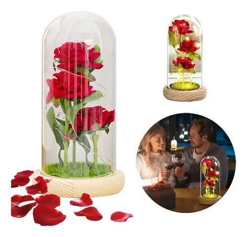 Rosa Eterna De Seda Con Luz LED MOOKLIN ROAM - Cúpula De Cristal Y Base De Madera, Regalo San Valentín, Madre