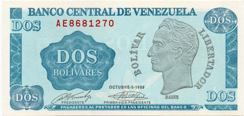 Billete 2 Bolívares  05 De Octubre 1989 Tinoquito Serial Ae7