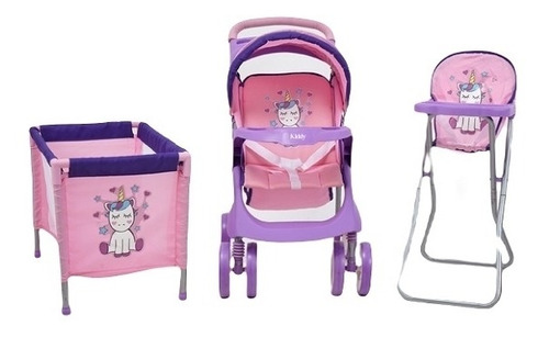 Set De Muñeca Con Coche + Practicuna + Silla De Comer Kiddy Color Violeta