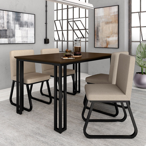 Mesa Com 4 Cadeiras Industrial 1,36 Deli Pt/imb/beg - M.a Cor Preto Fosco/imb/linho Bege Desenho do tecido das cadeiras Tecido em Linho