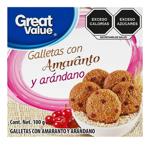 8 Pzas Galletas Great Value Con Amaranto Y Arándano 100 G