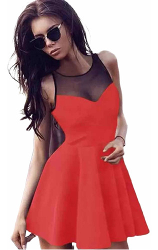 En Stock Abfa Shop Vestido Corto Cuello Transparencia Rojo